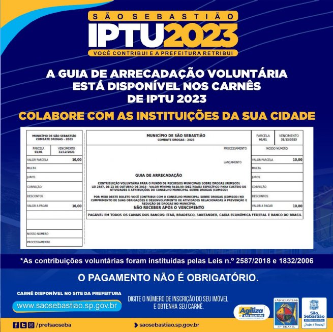 Foto: IPTU: munícipes têm opção de contribuir voluntariamente em ações de combate às drogas e apoio ao Corpo de Bombeiros