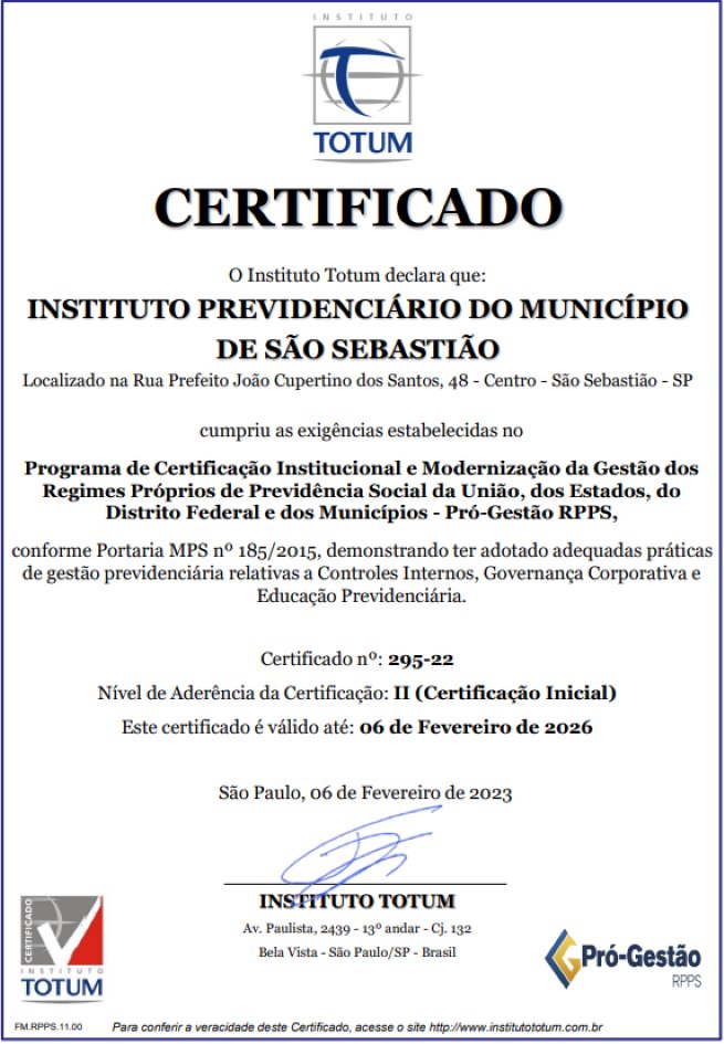 Foto: São Sebastiao Prev conquista o certificado Pro Gestão Nivel ll