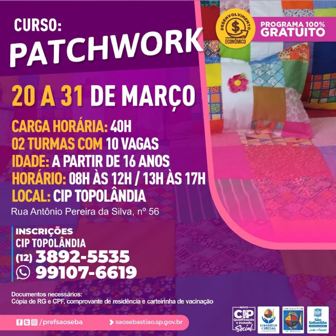 Foto: Prefeitura de São Sebastião abre inscrições para curso profissionalizante gratuito de Patchwork