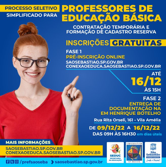 Foto: Prefeitura de São Sebastião abre processo seletivo simplificado para contratação temporária de professores
