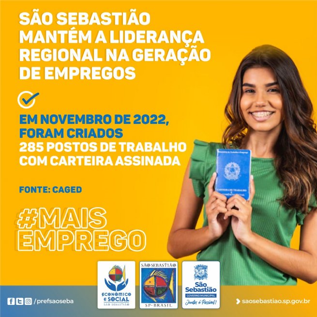 Foto: São Sebastião gera 285 vagas de emprego com carteira assinada e mantém liderança no Litoral Norte