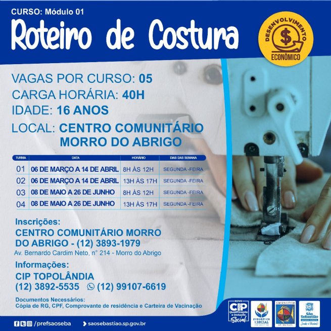 Foto: Prefeitura promove curso profissionalizante gratuito ‘Roteiro de Costura’ no bairro Morro do Abrigo