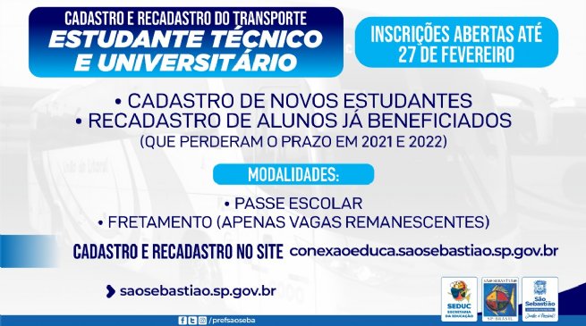 Foto: Prefeitura de São Sebastião abre novo prazo para cadastro e recadastro de transporte para estudantes técnicos e universitários