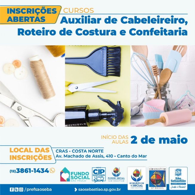 Foto: Prefeitura realiza cursos profissionalizantes gratuitos de ‘Confeitaria’, ‘Auxiliar de Cabelereiro’ e ‘Roteiro de Costura’