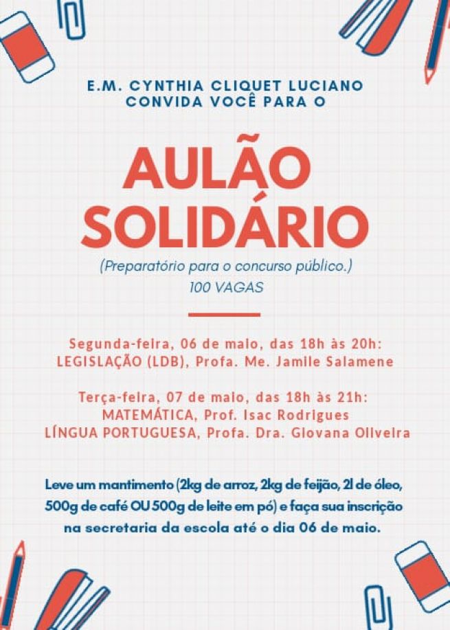 Foto: Escola Cynthia Cliquet promoverá aulão solidário para concurso