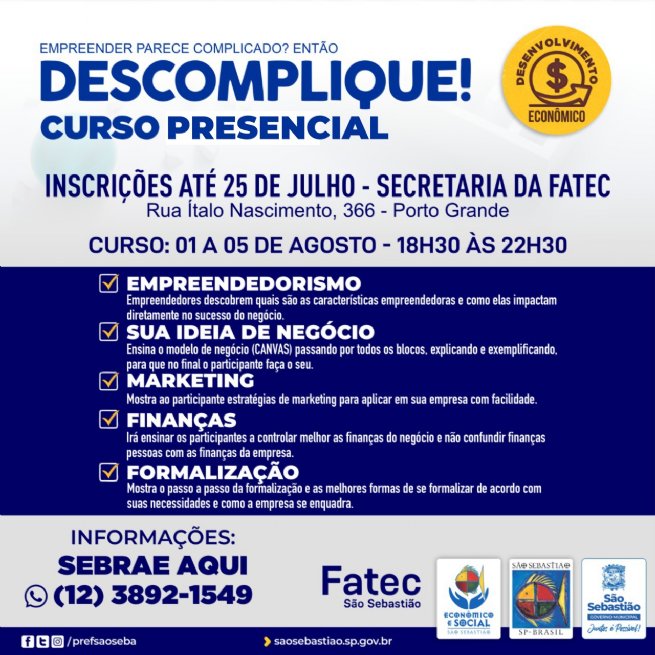 Foto: Prefeitura abre inscrições para o curso presencial gratuito ‘Descomplique’ voltado a alunos da FATEC São Sebastião