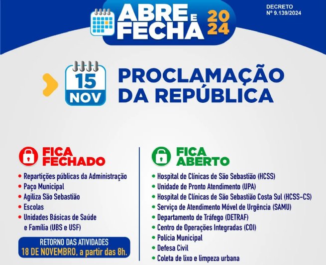 Foto: Saiba o que abre e fecha no feriado da Proclamação da República em São Sebastião