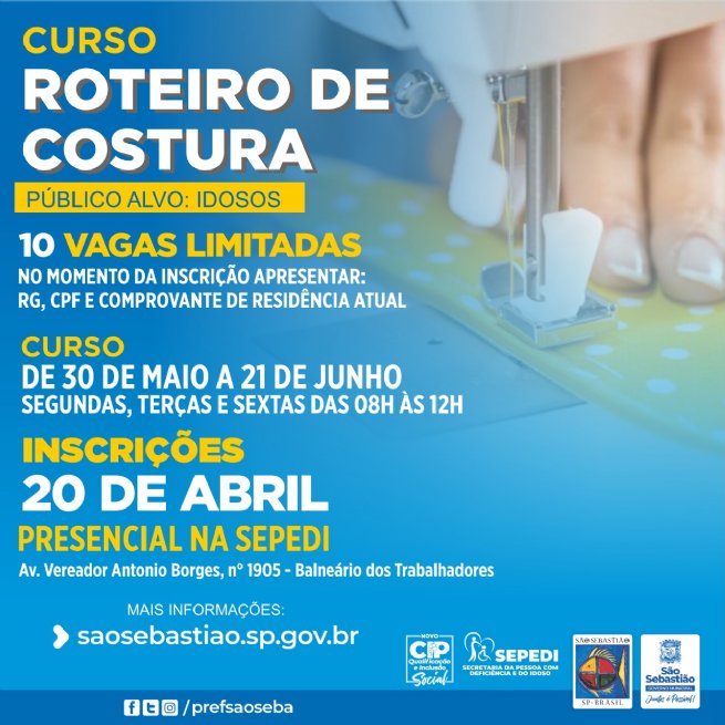Foto: Prefeitura abre inscrições para o curso gratuito ‘Roteiro de Costura’ voltado para idosos