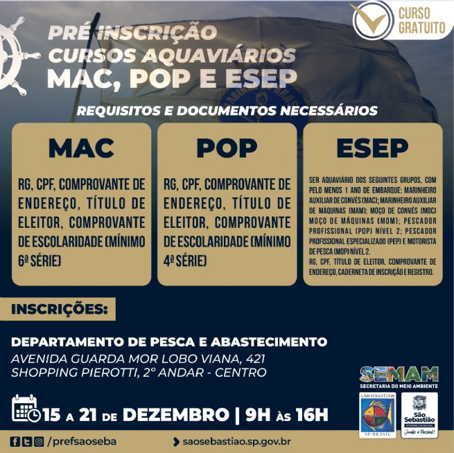 Foto: Prefeitura de São Sebastião abre pré-inscrição para cursos aquaviários MAC, POP e ESEP