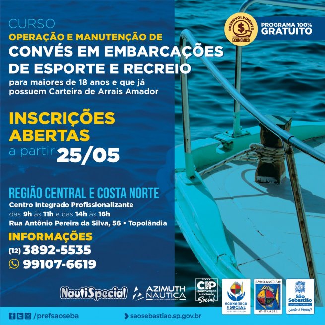 Foto: Prefeitura oferece curso de Operação e Manutenção de Convés em Embarcações de Esporte e Recreio 
