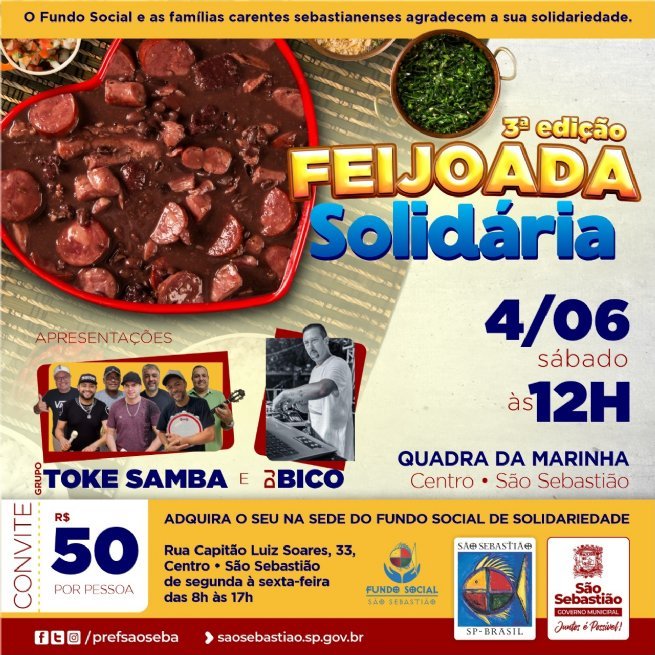 Foto: Convites para a 3ª Feijoada Solidária do Fundo Social de São Sebastião já estão à venda
