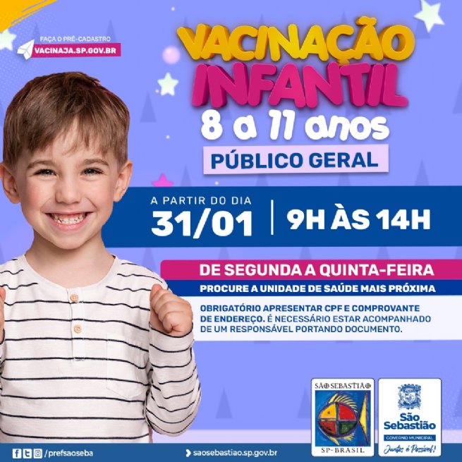 Foto: São Sebastião inicia nesta segunda-feira (31) a vacinação infantil contra Covid-19 em crianças entre 8 e 11 anos com ou sem comorbidades