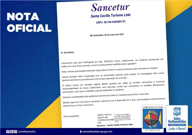 Foto: Nota Oficial sobre o grave acidente na SP-055